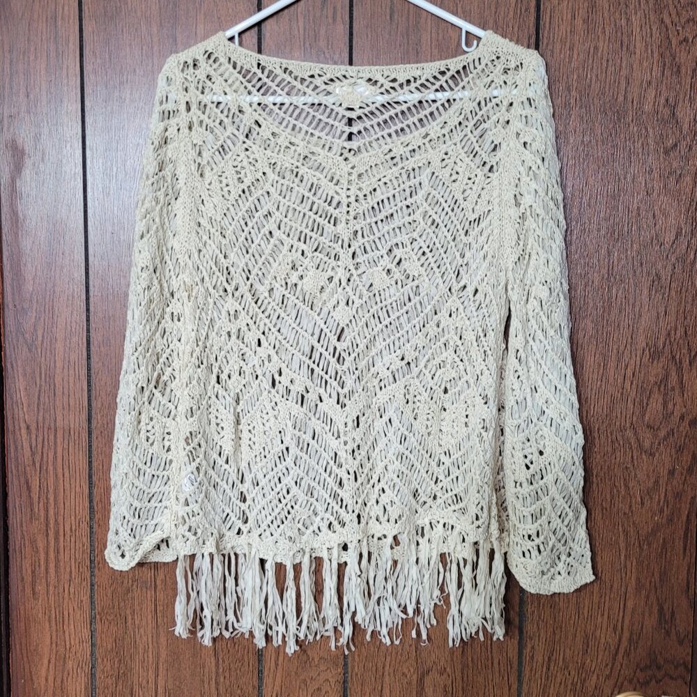 Boho Crochet Fringe Pullover top - Cream 3/4 sleeves Size XL Free Spirit